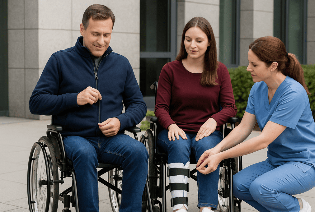 Ohne und mit Hilfe im Rollstuhl anziehen