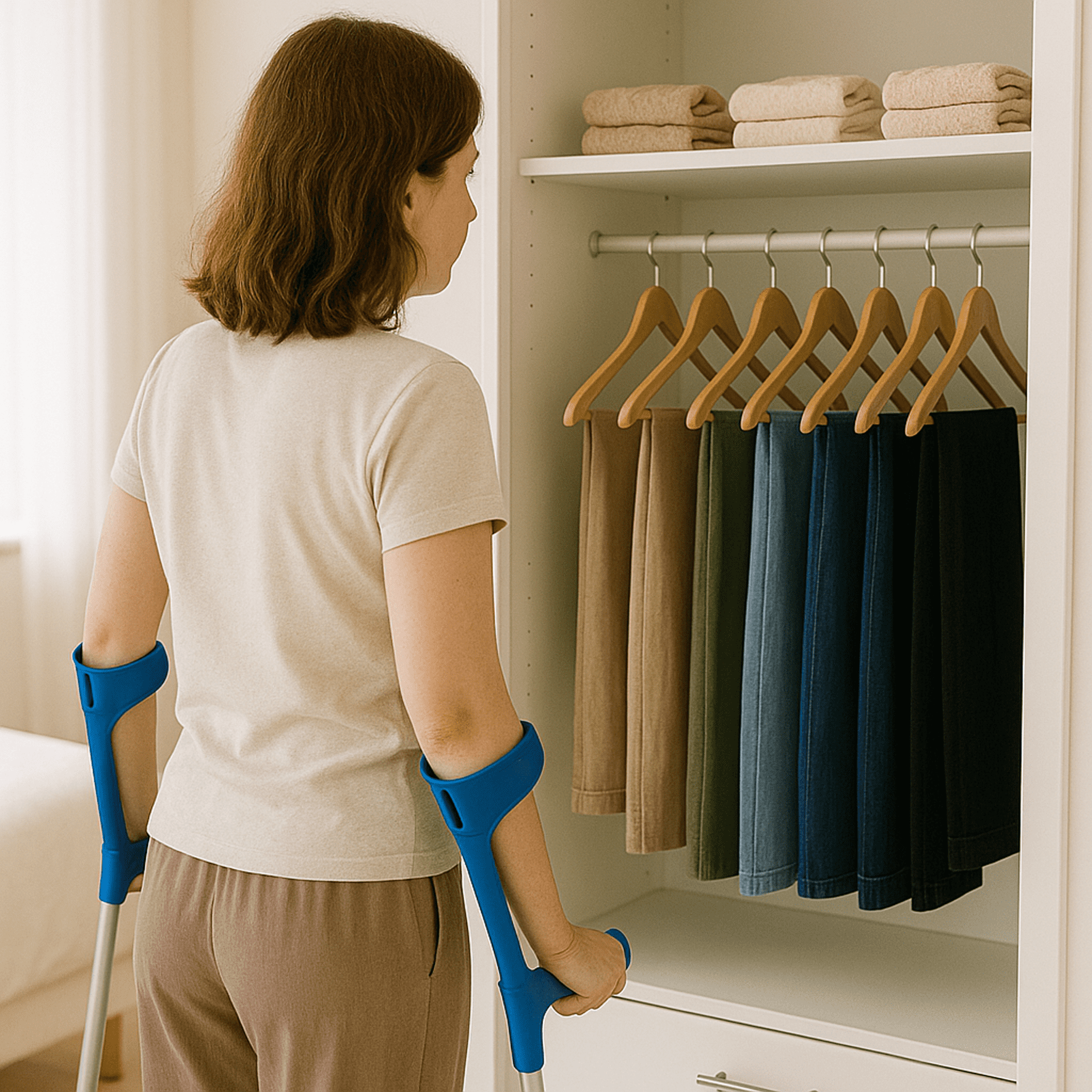 kleiderschrank.m.Hosen Frau vor Kleiderschrank